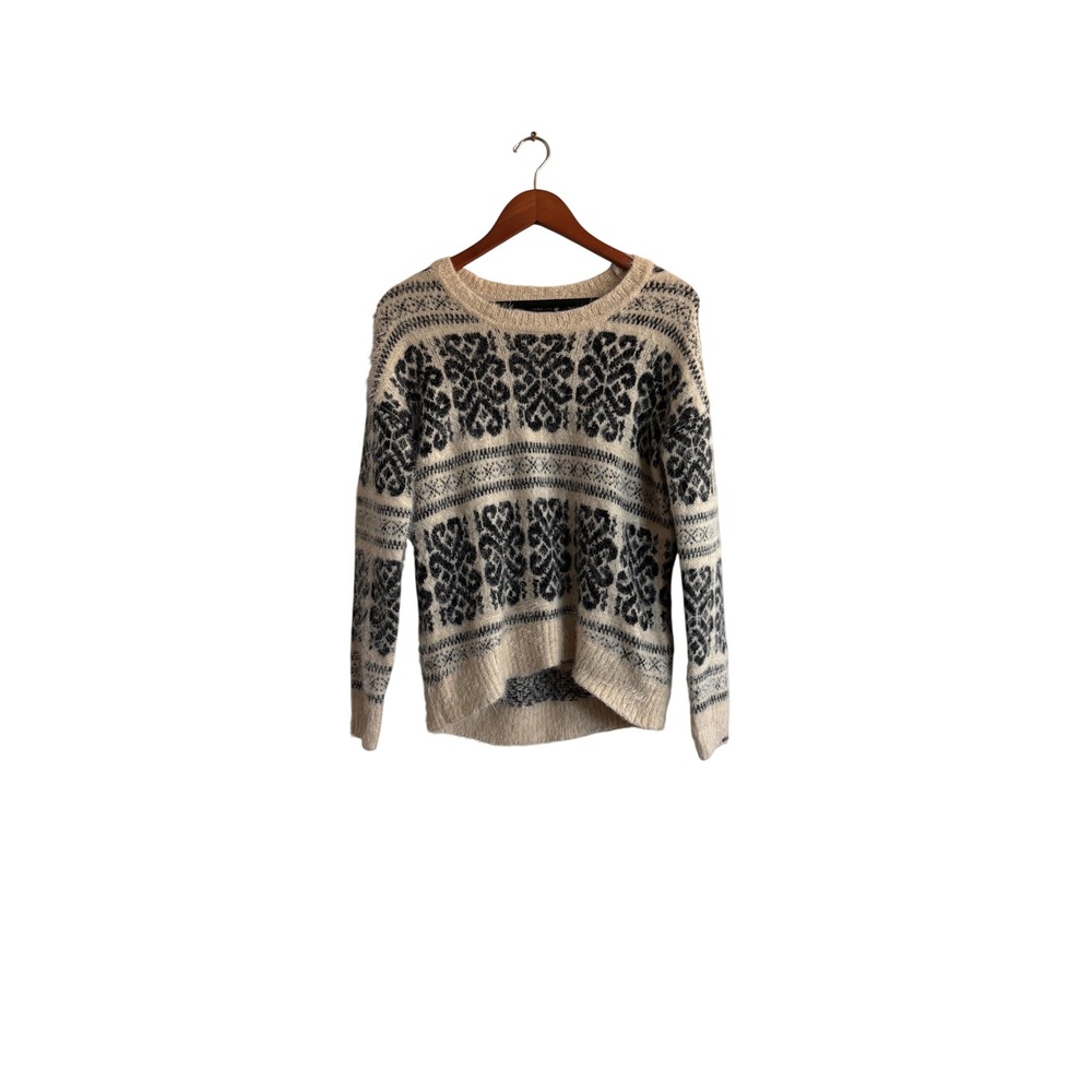 Dex 1965 Women's S P Fair Isle Knit Fuzzy Sweater Long Sleeve Cream Black